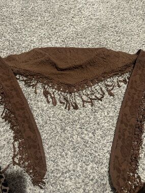 Salanta Brown Textured Scarf Top with Fringe